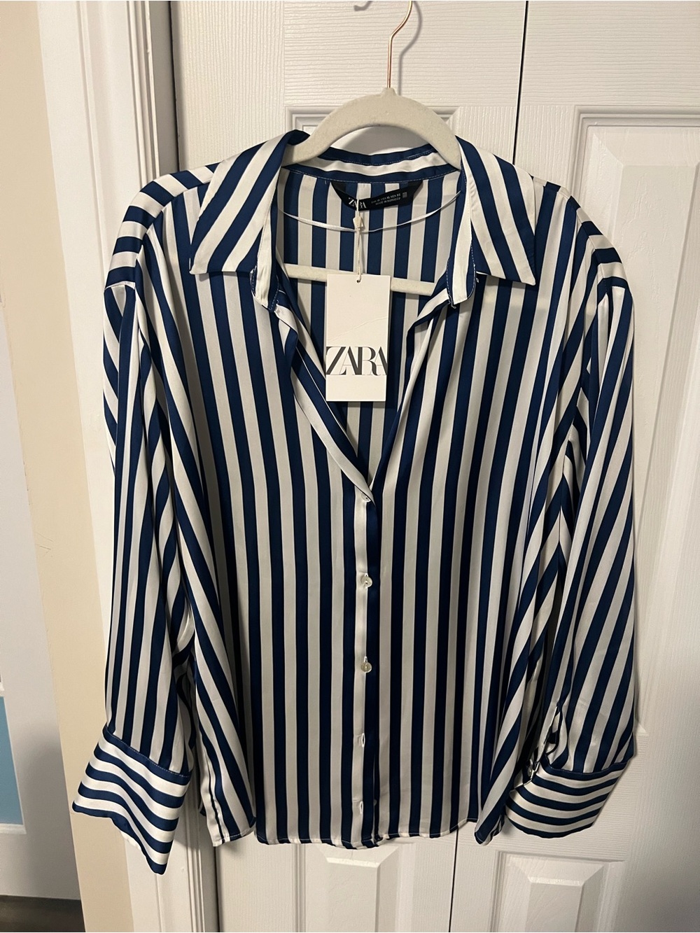 Zara Navy and White Vertical Stripe Button-Down Blouse